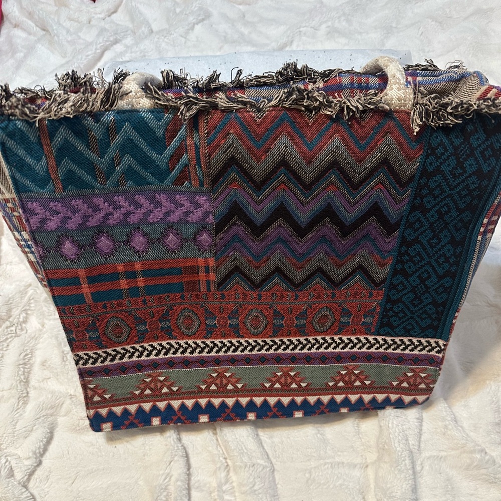 Vismaya Multicolor Patchwork Fringe Tote Bag with Zip Closure and Double Handles